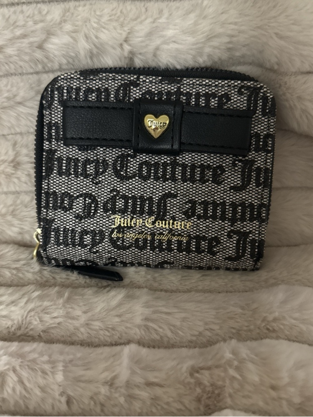 Juicy Couture Black and Ivory Logo Zip Wallet with Gold Accents